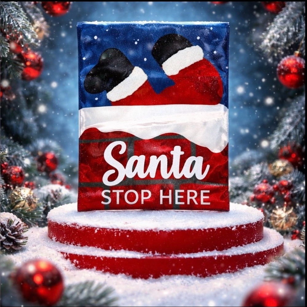 Meadow Creek Winter Santa Stops Here 12.5 inches by 18 inches Flags.